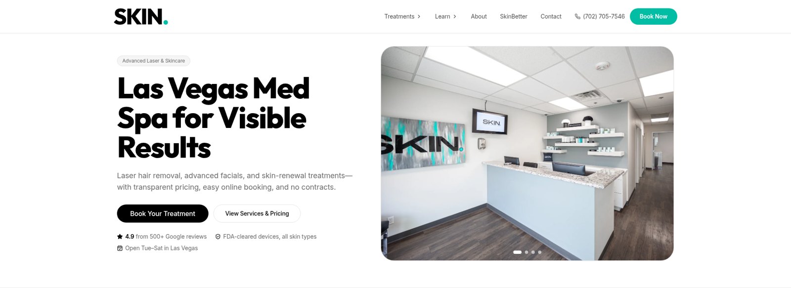 SKIN Las Vegas med spa website homepage built by Cross X Agency, with treatment navigation and a booking action